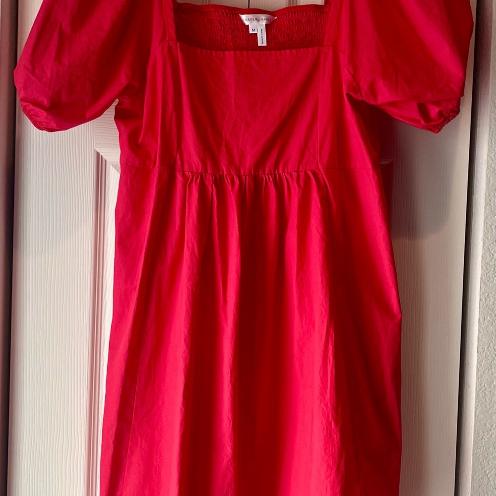 Draper James Vibrant Red Dress w/ Square Neckline, Flocked Bodice & Puff Sleeves - Picture 9 of 10